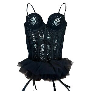 Rare Vintage Victoria's Secret Black Rhinestone Corset Bustier 34C Tulle Garter